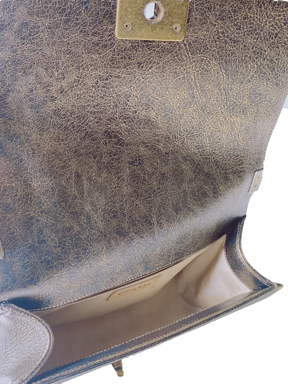 GOLD CRACKED METALLIC CALFSKIN QUILTED MEDIUM BOY FLAP BAG