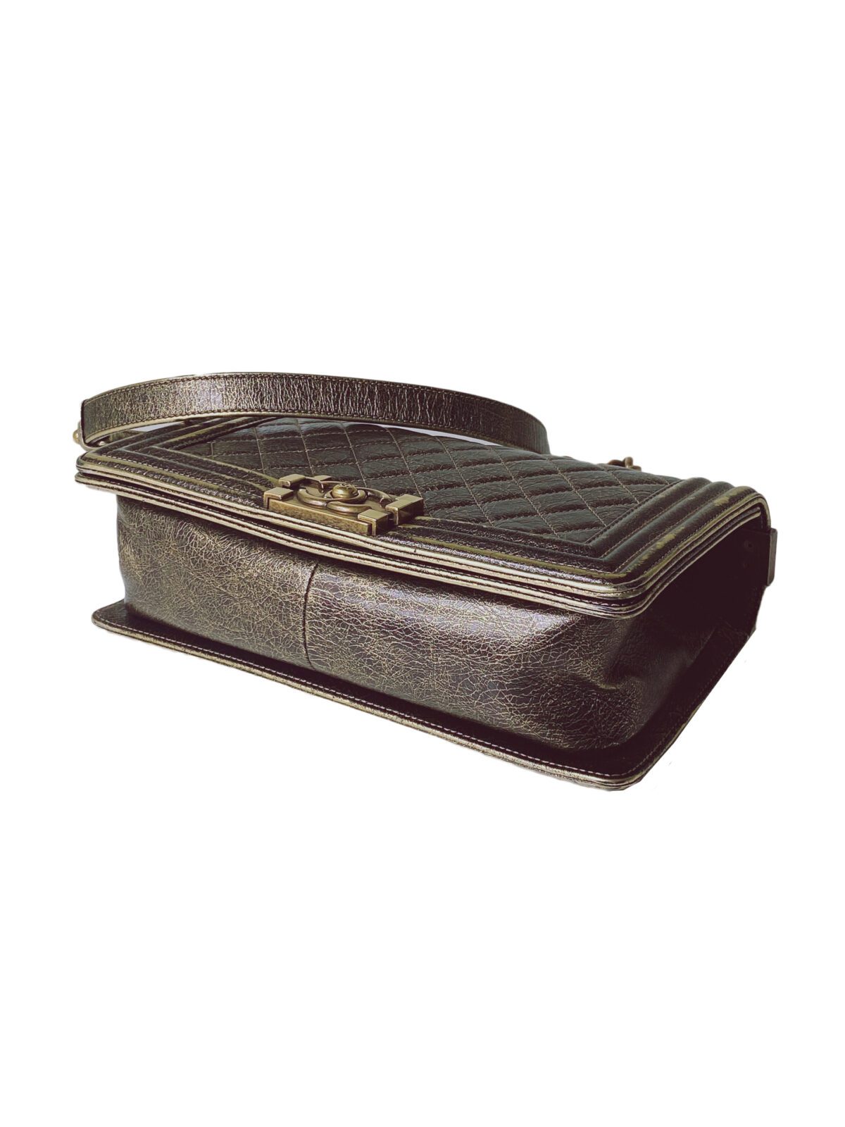 GOLD CRACKED METALLIC CALFSKIN QUILTED MEDIUM BOY FLAP BAG