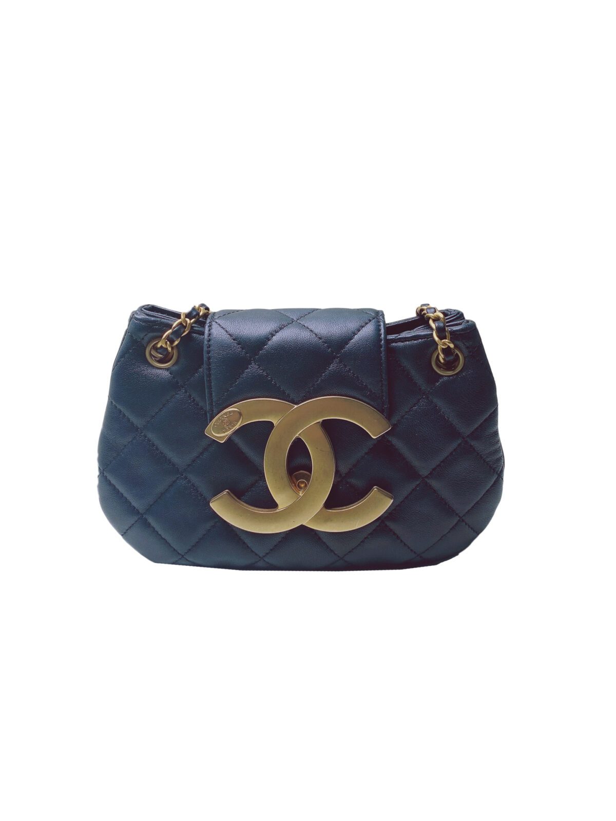 BLACK LAMBSKIN 24C CC LOGO MESSENGER BAG ANTIQUE GOLD HARDWARE