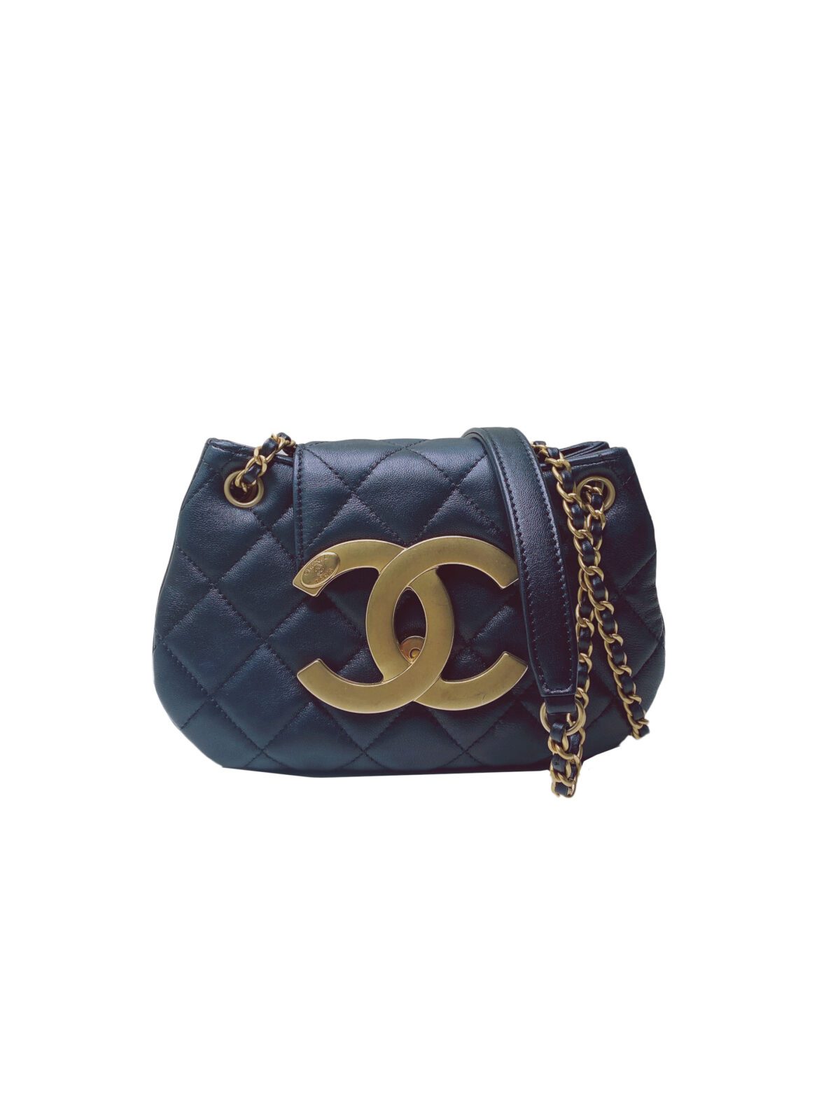 BLACK LAMBSKIN 24C CC LOGO MESSENGER BAG ANTIQUE GOLD HARDWARE