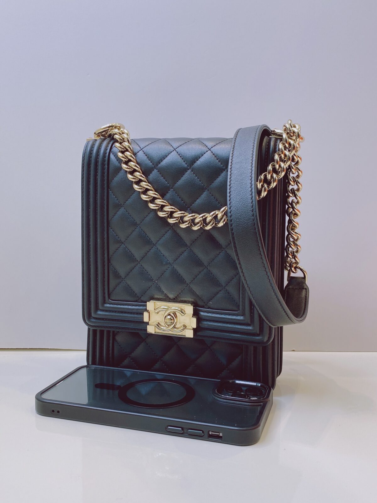 BLACK QUILTED LAMBSKIN LEATHER NORTH SOUTH BOY BAG