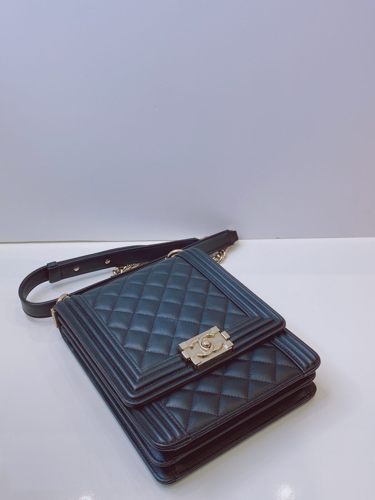 BLACK QUILTED LAMBSKIN LEATHER NORTH SOUTH BOY BAG