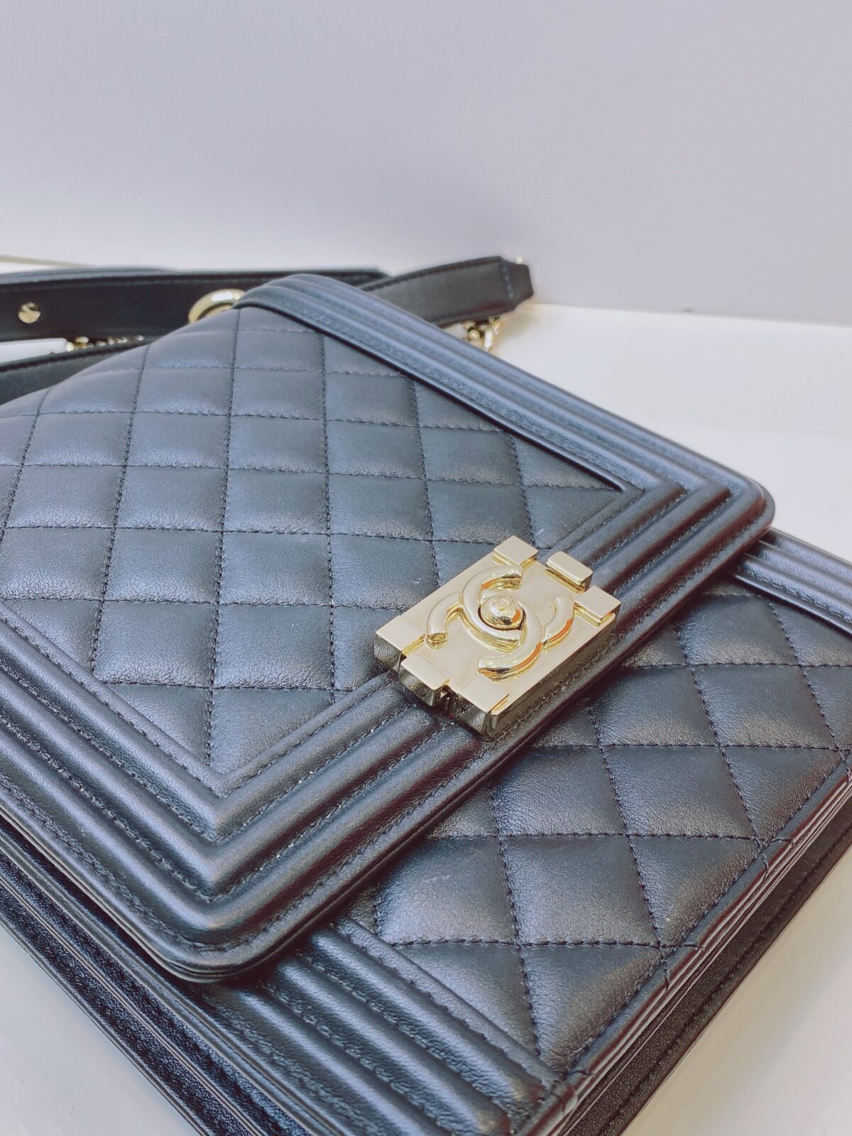 BLACK QUILTED LAMBSKIN LEATHER NORTH SOUTH BOY BAG