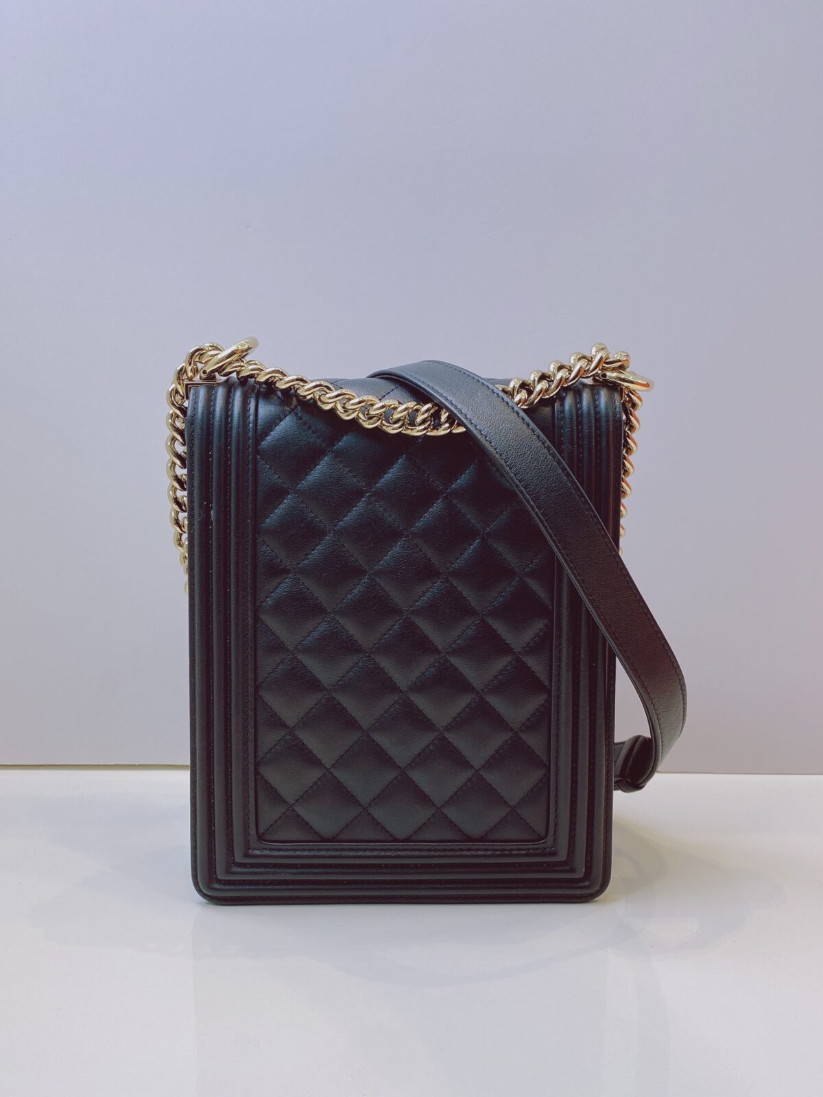 BLACK QUILTED LAMBSKIN LEATHER NORTH SOUTH BOY BAG