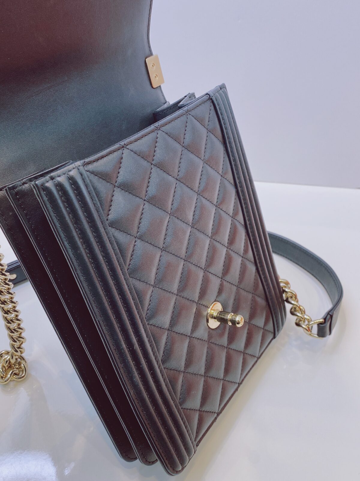 BLACK QUILTED LAMBSKIN LEATHER NORTH SOUTH BOY BAG