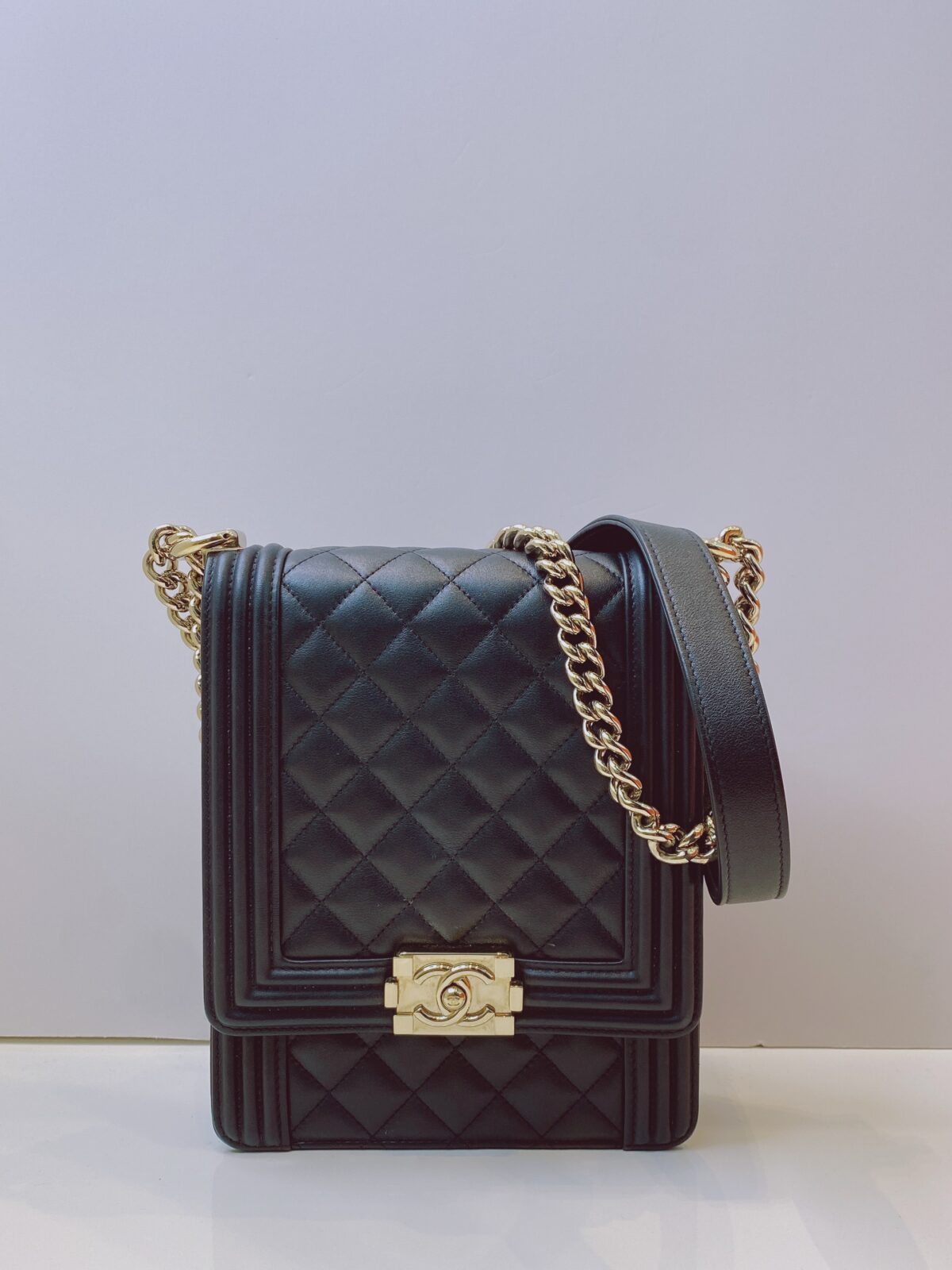 BLACK QUILTED LAMBSKIN LEATHER NORTH SOUTH BOY BAG