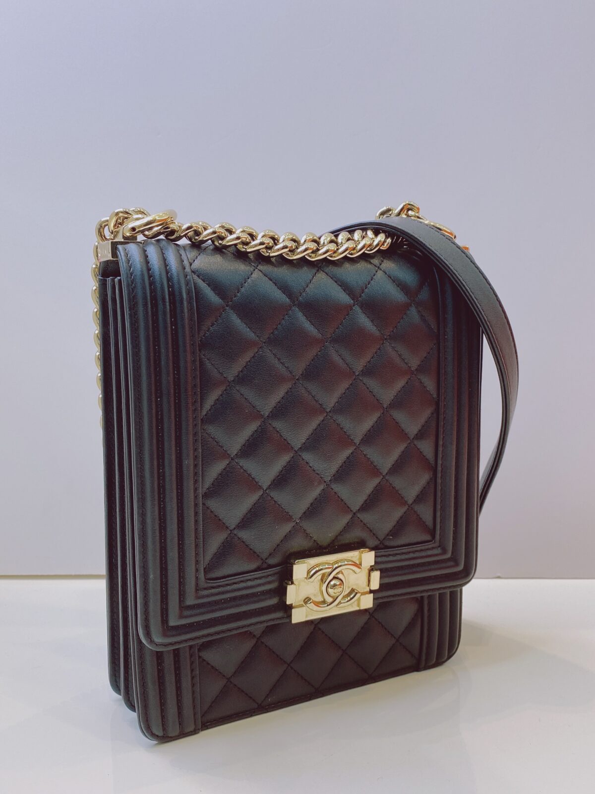 BLACK QUILTED LAMBSKIN LEATHER NORTH SOUTH BOY BAG