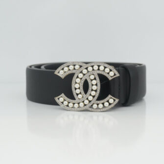 BLACK LEATHER FAUX PEARL EMBELLISHED CC BUBKLE BELT 85/34