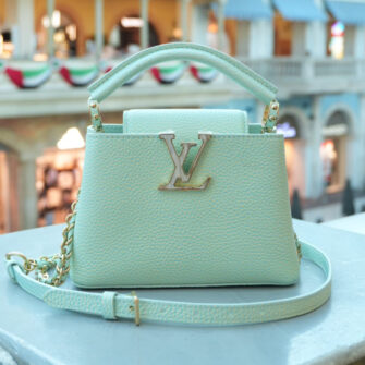 VERT D'EAU GREEN TAURILLON LEATHER CAPUCINES MINI BAG