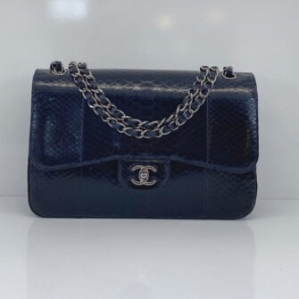 DARK BLUE PYTHON LEATHER LARGE JUMBO CLASSIC DOUBLE FLAP BAG