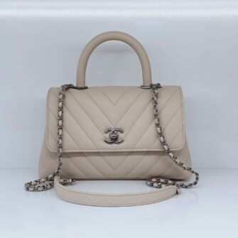 LIGHT BEIGE QUILTED CAVIAR LEATHER SMALL COCO TOP HANDLE BAG