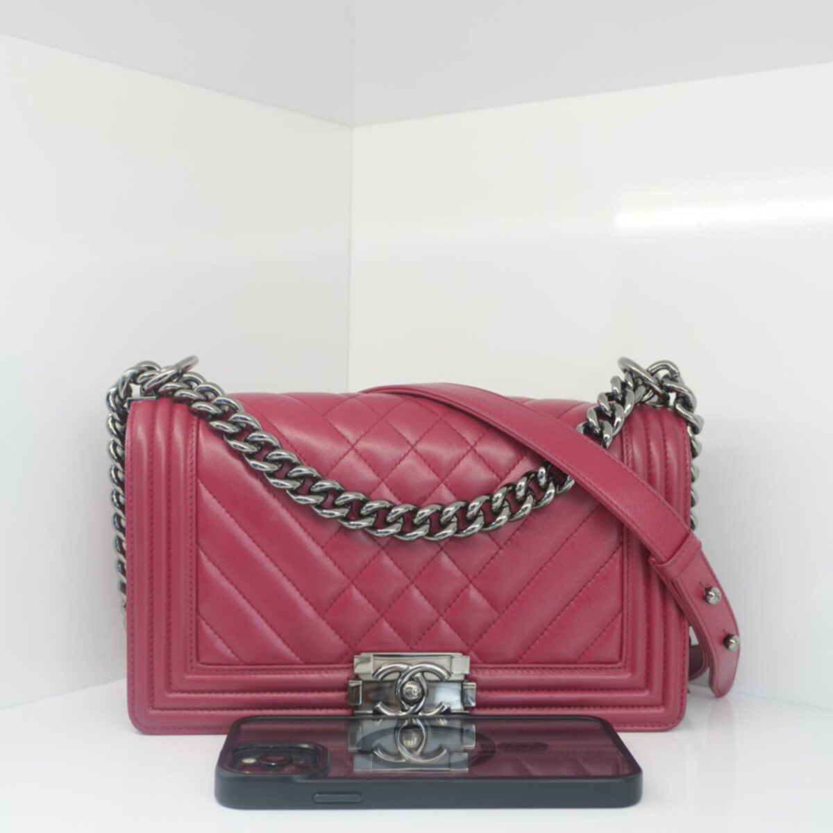 DARK PINK CHEVRON CALFSKIN LEATHER MEDIUM BOY FLAP BAG RUTHENIUM HARDWARE