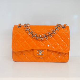 ORANGE QUILTED PATENT LEATHER LARGE JUMBO CLASSIC DOUBLE FLAP BAG
