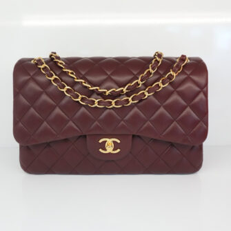 BURGUNDY QUILTED LAMBSKIN LEATHER LARGE JUMBO CLASSIC DOUBLE FLAP HANDBAG GOLD HARDWARE
