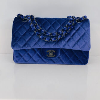 INDIGO QUILTED VELVET MEDIUM CLASSIC DOUBLE FLAP BAG BLACK PVD HARDWARE