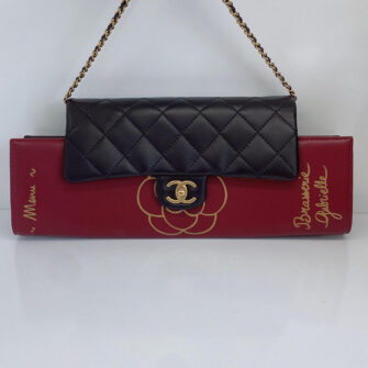 CHANEL BLACK/DARK RED QUILTED CALFSKIN GABRILLE BRASSEREI MENU FLAP CLUTCH GOLD HARDWARE