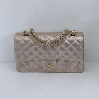 CHAMPAGNE GOLD METALLIC LAMBSKIN LEATHER PERFORATED MEDIUM CLASSIC DOUBLE FLAP BAG