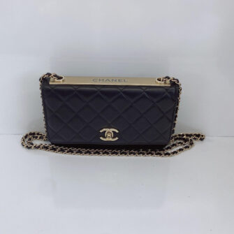 BLACK QUILTED LAMBSKIN LEATHER TRENDY CC WALLET ON CHAIN