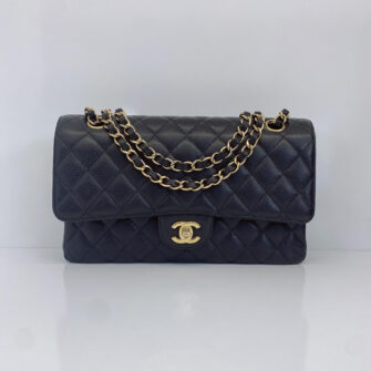 CHANEL BLACK CAVIAR LEATHER MEDIUM DOUBLE FLAP HAND BAG GOLD HARDWARE