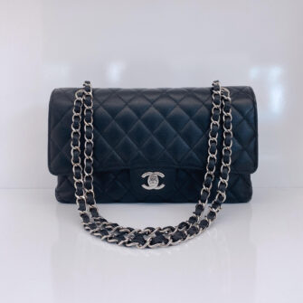BLACK CAVIAR LEATHER QUILTED MEDIUM CLASSIC DOUBLE  FLAP BAG SILVER HARDWARE