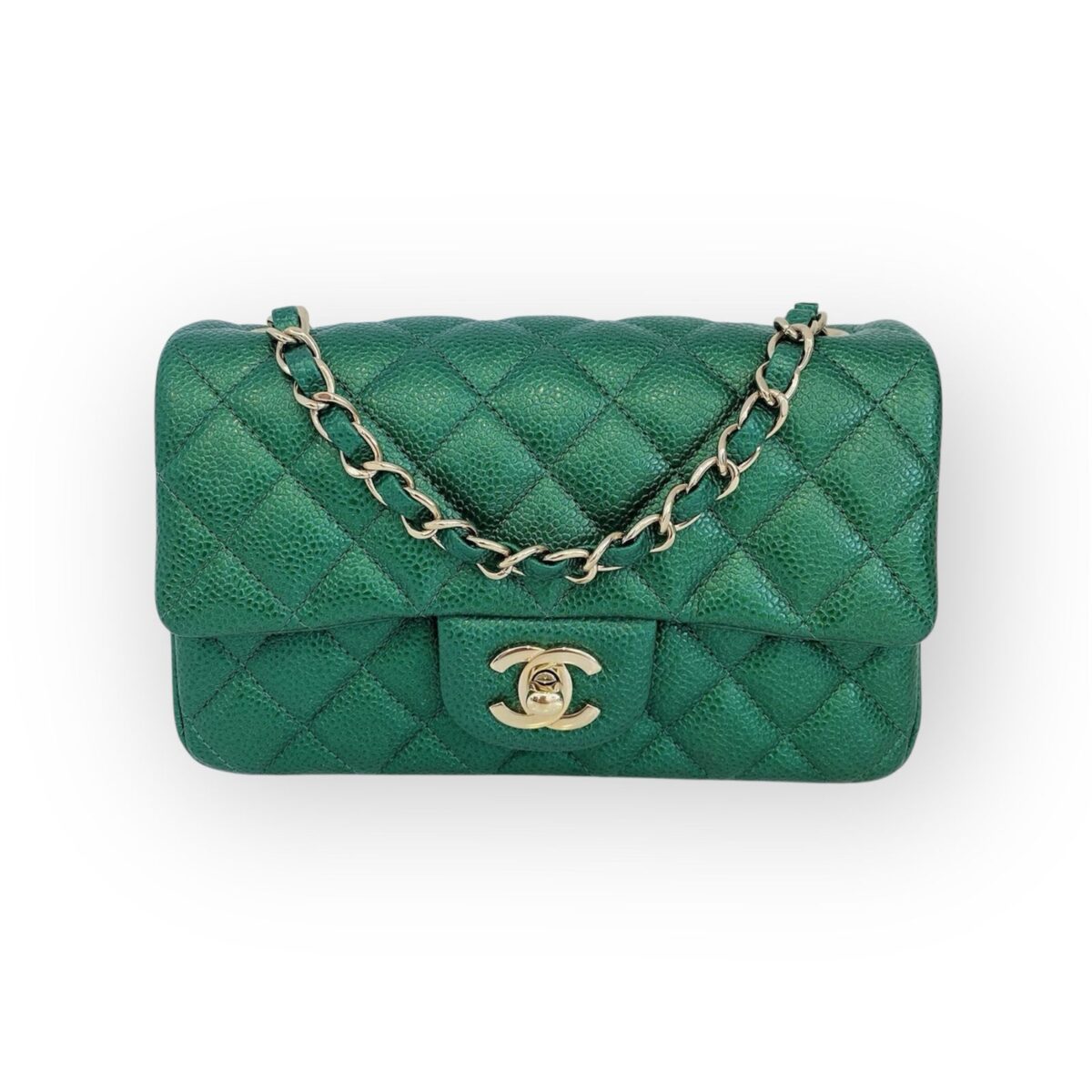GREEN QUILTED CAVIAR LEATHER CLASSIC MINI RECTANGULAR FLAP BAG GOLD HARDWARE