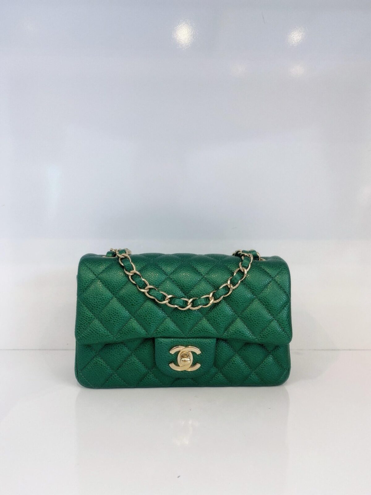 GREEN QUILTED CAVIAR LEATHER CLASSIC MINI RECTANGULAR FLAP BAG GOLD HARDWARE