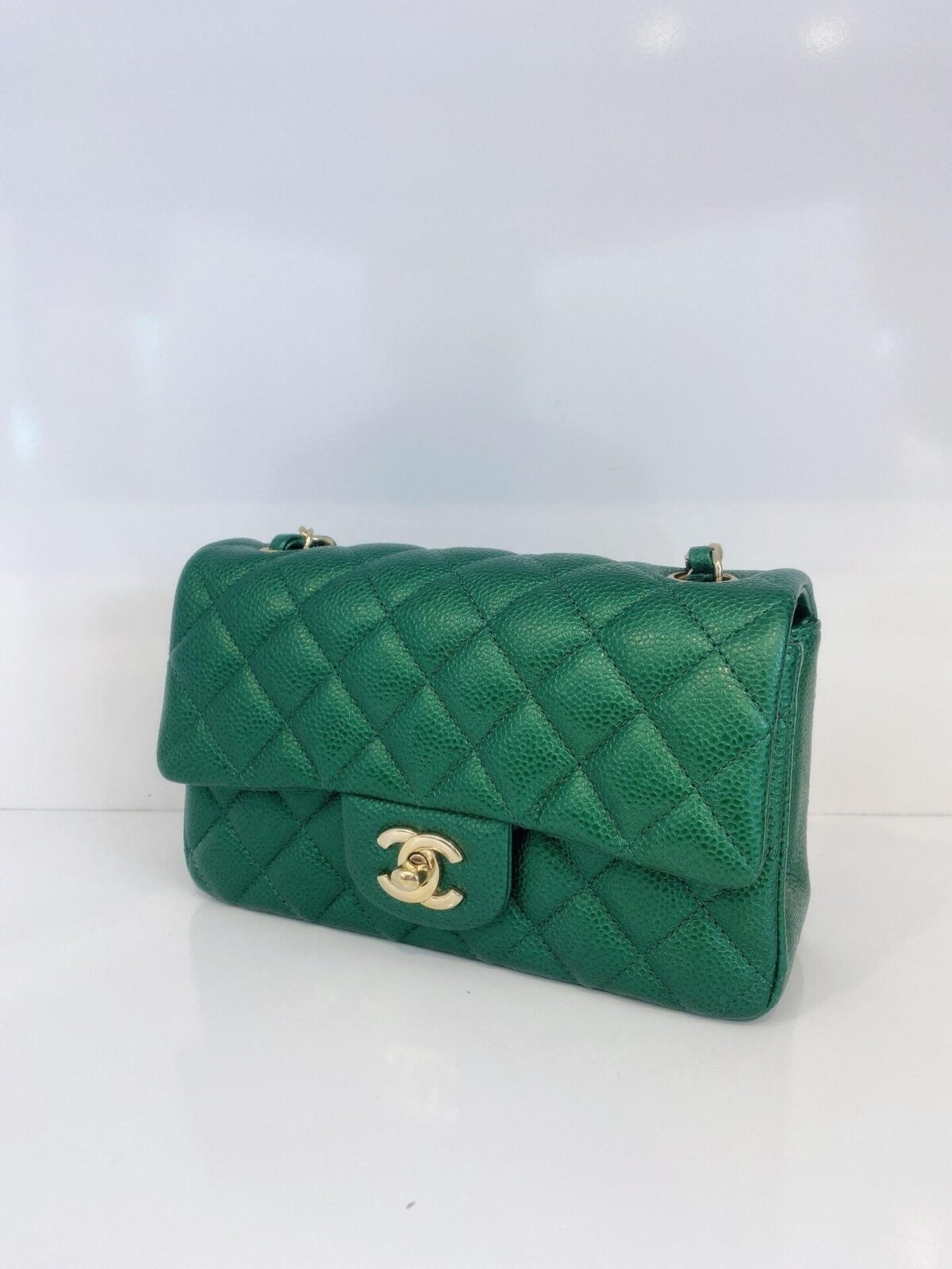 GREEN QUILTED CAVIAR LEATHER CLASSIC MINI RECTANGULAR FLAP BAG GOLD HARDWARE