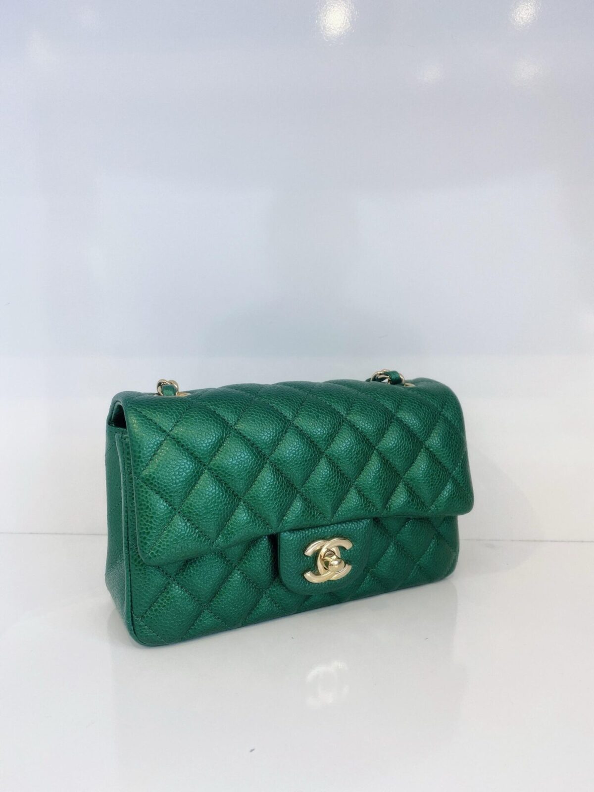 GREEN QUILTED CAVIAR LEATHER CLASSIC MINI RECTANGULAR FLAP BAG GOLD HARDWARE