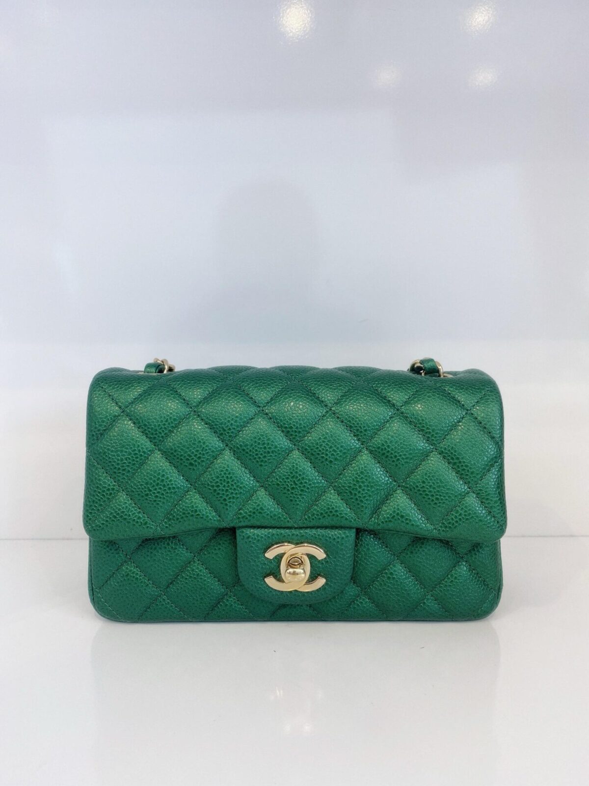 GREEN QUILTED CAVIAR LEATHER CLASSIC MINI RECTANGULAR FLAP BAG GOLD HARDWARE
