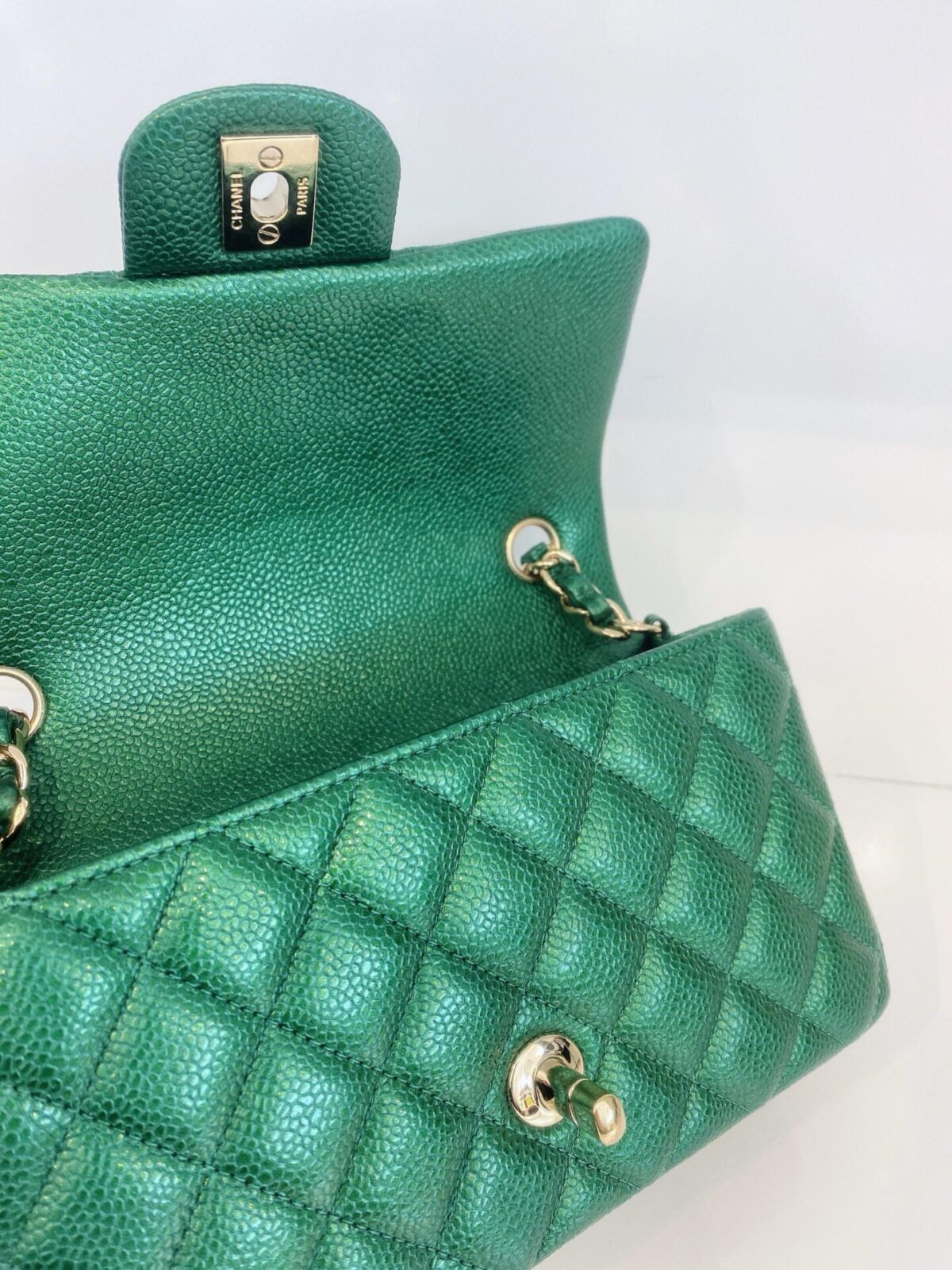 GREEN QUILTED CAVIAR LEATHER CLASSIC MINI RECTANGULAR FLAP BAG GOLD HARDWARE