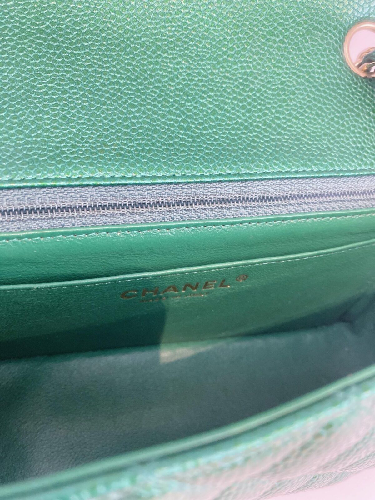 GREEN QUILTED CAVIAR LEATHER CLASSIC MINI RECTANGULAR FLAP BAG GOLD HARDWARE