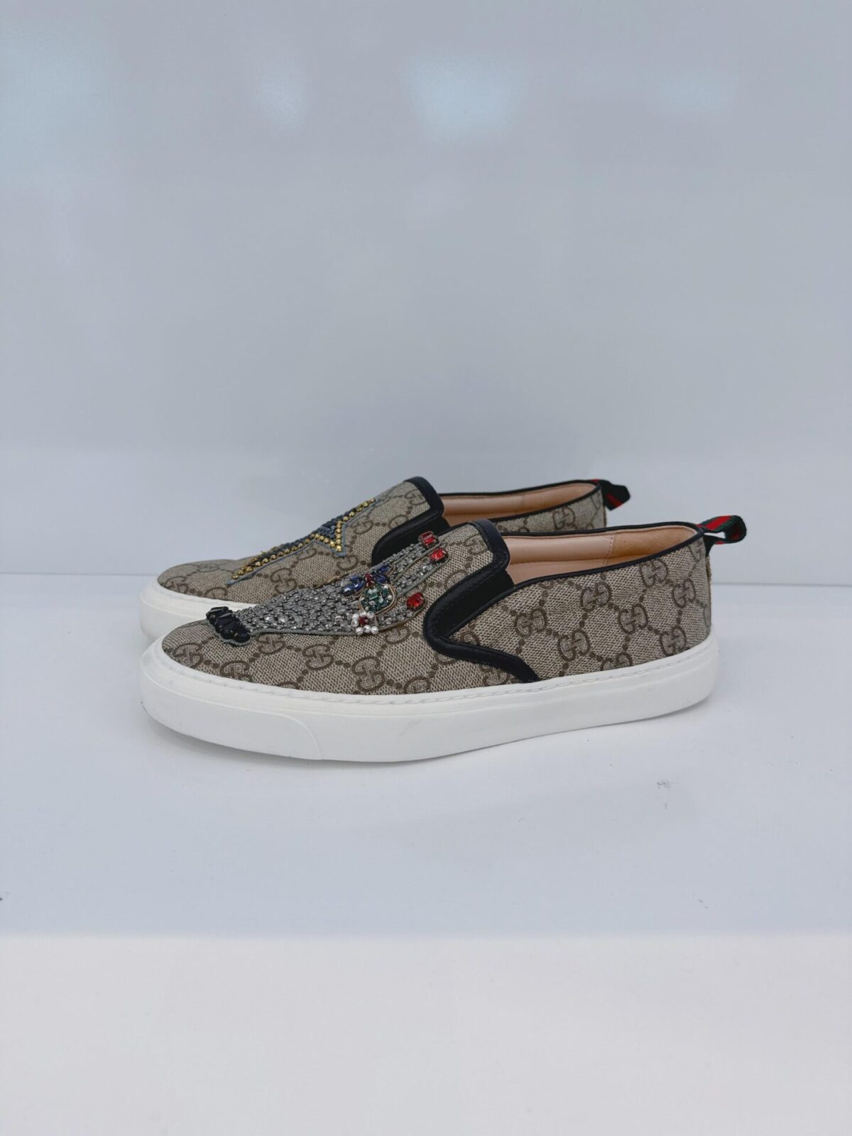 BEIGE GG SUPREME CANVAS AND LEATHER EMBELLISED SLIP ON SNEAKERS 36