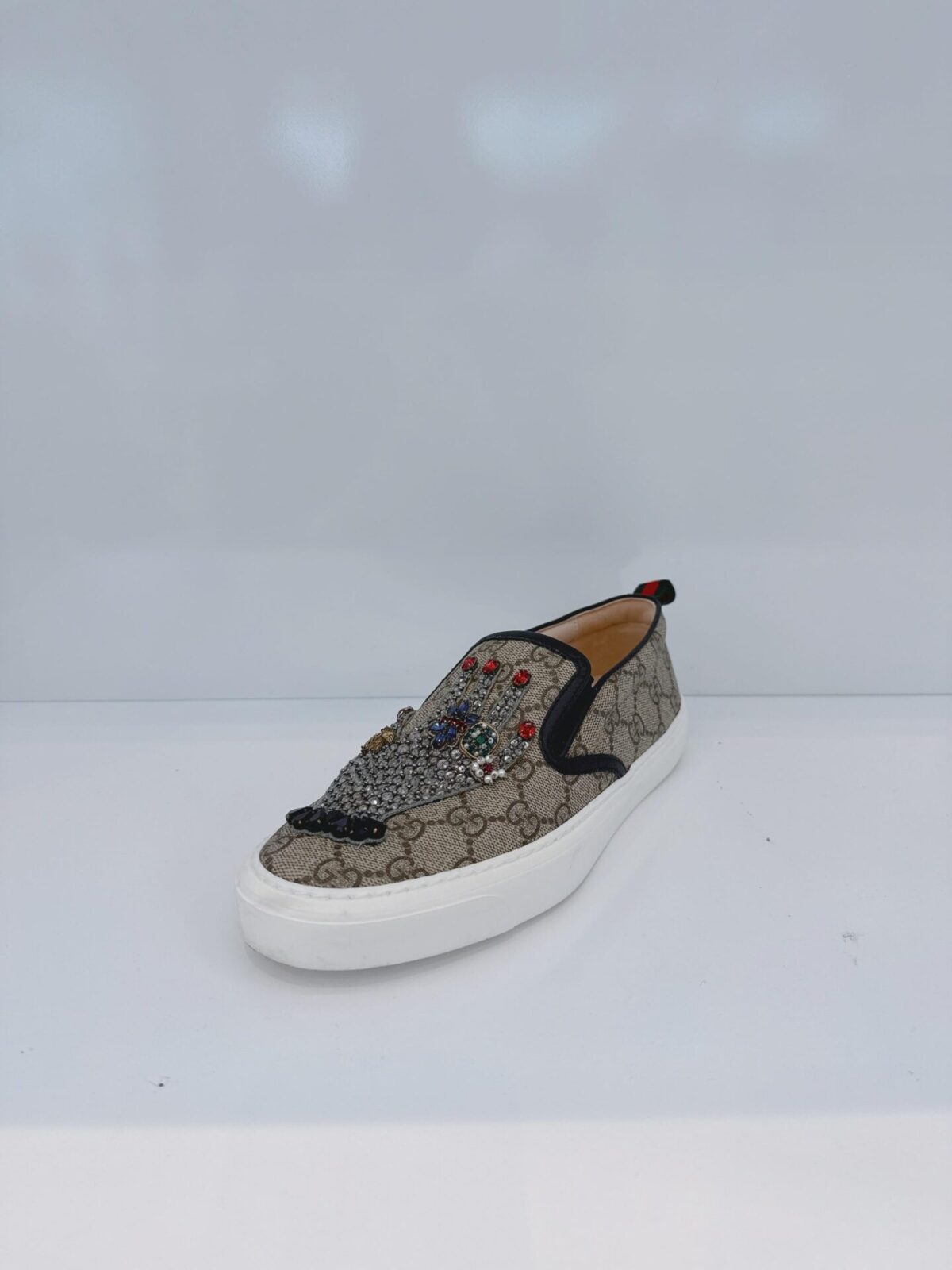 BEIGE GG SUPREME CANVAS AND LEATHER EMBELLISED SLIP ON SNEAKERS 36