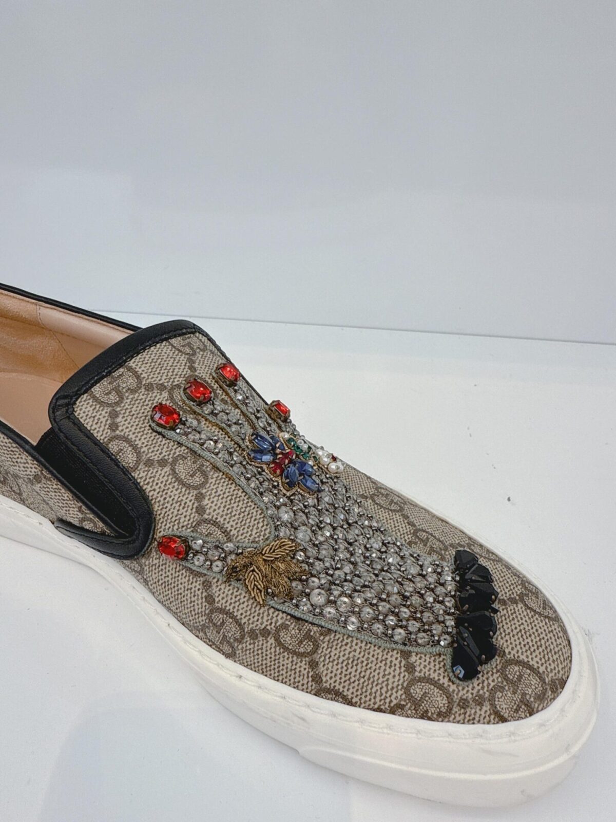 BEIGE GG SUPREME CANVAS AND LEATHER EMBELLISED SLIP ON SNEAKERS 36