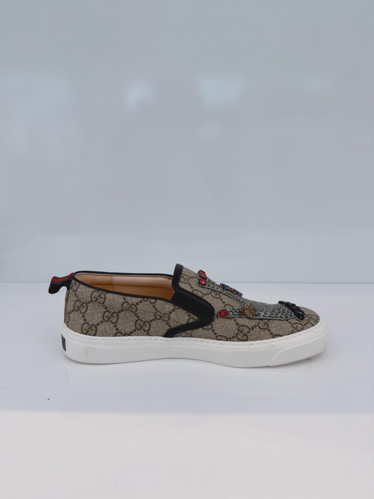 BEIGE GG SUPREME CANVAS AND LEATHER EMBELLISED SLIP ON SNEAKERS 36