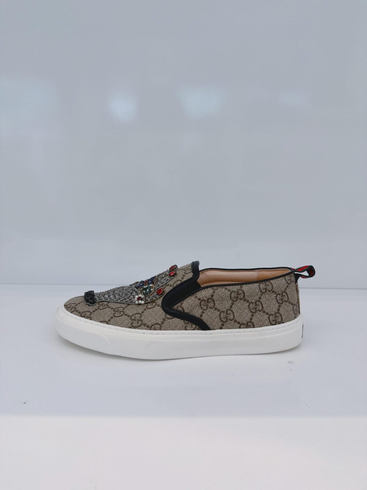 BEIGE GG SUPREME CANVAS AND LEATHER EMBELLISED SLIP ON SNEAKERS 36