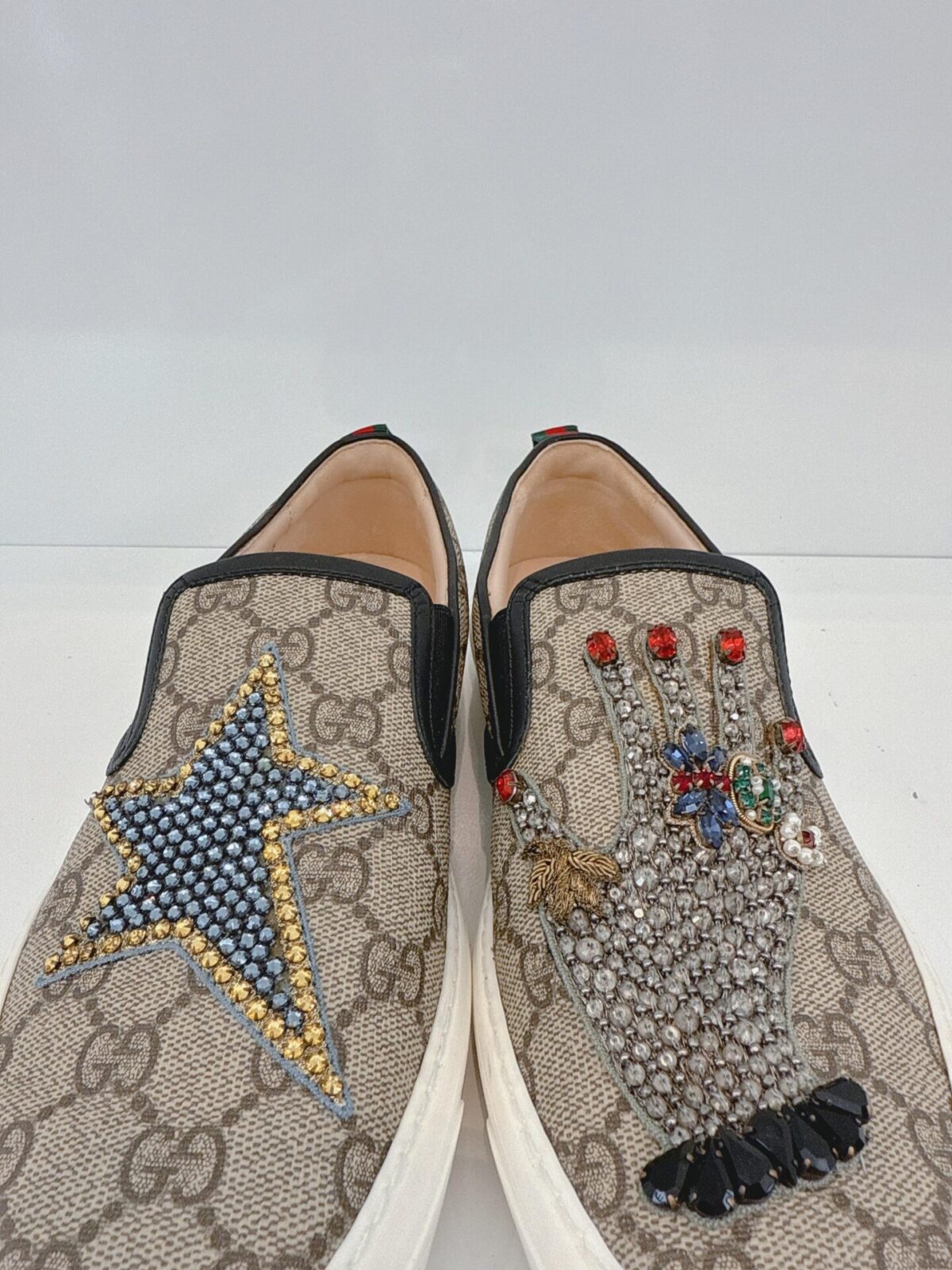 BEIGE GG SUPREME CANVAS AND LEATHER EMBELLISED SLIP ON SNEAKERS 36