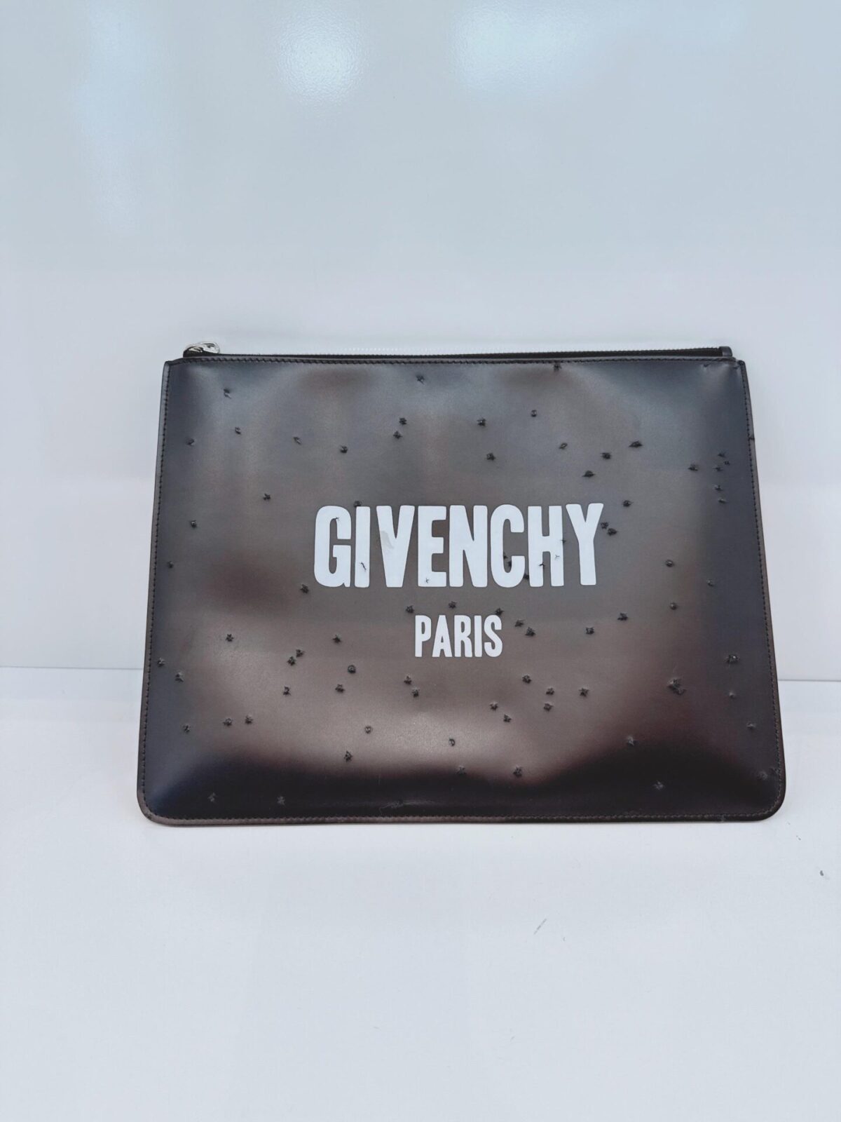 BLACK LOGO LEATHER DISTRESSED LOGO ZIP POUCH