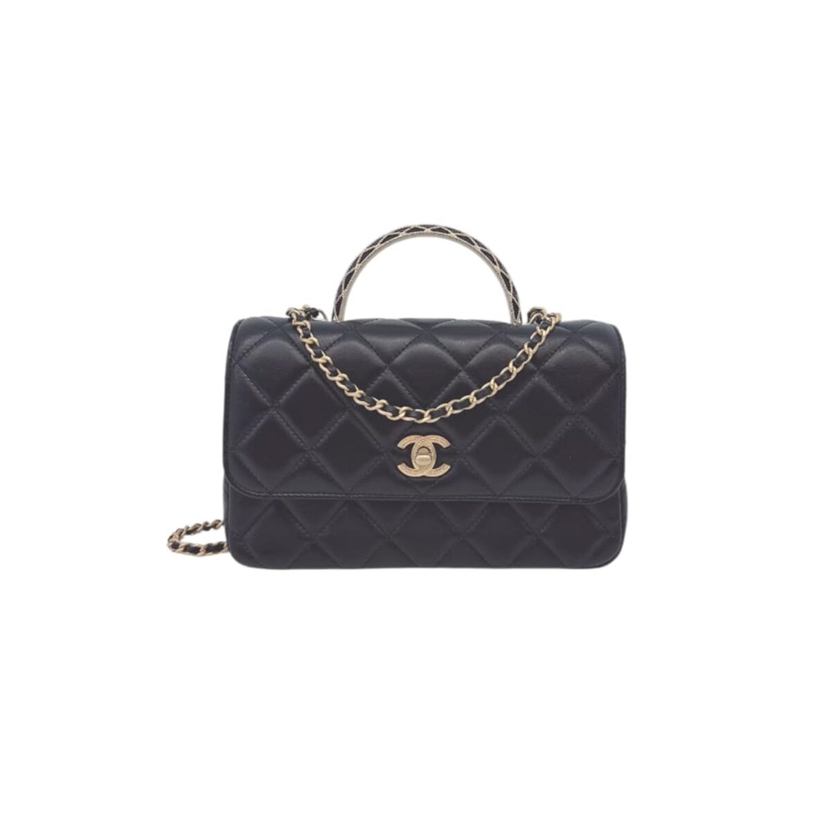 BLACK LAMBSKIN LEATHER CHAIN TOP HANDLE BAG