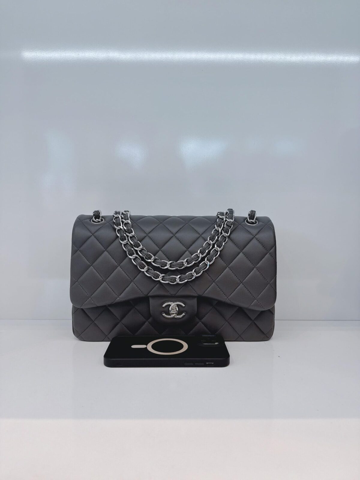 GRAY QUILTED LAMBSKIN LEATHER LARGE CLASSIC DOUBLE FLAP HANDBAG