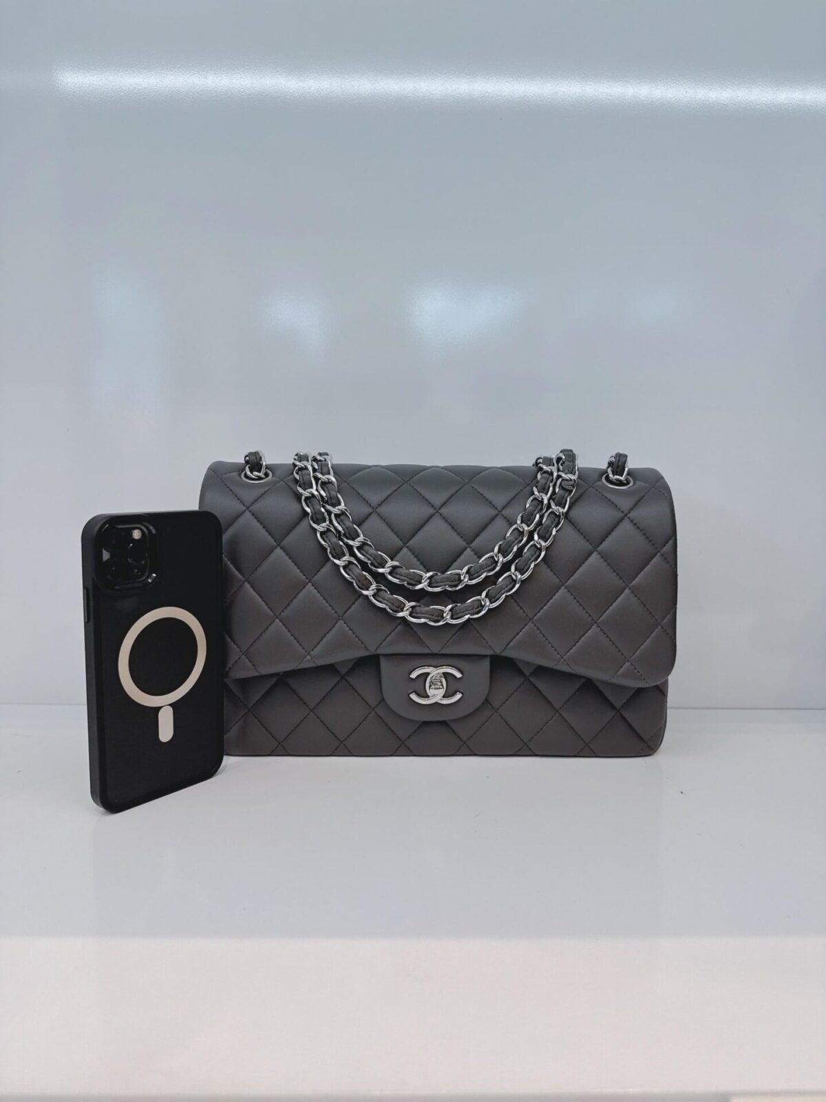GRAY QUILTED LAMBSKIN LEATHER LARGE CLASSIC DOUBLE FLAP HANDBAG