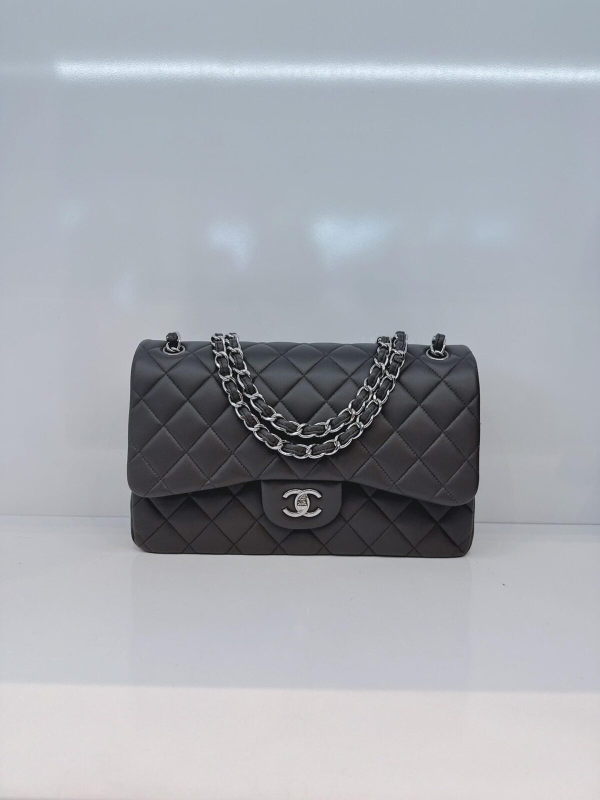 GRAY QUILTED LAMBSKIN LEATHER LARGE CLASSIC DOUBLE FLAP HANDBAG