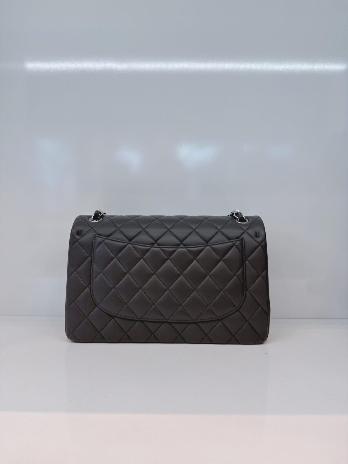 GRAY QUILTED LAMBSKIN LEATHER LARGE CLASSIC DOUBLE FLAP HANDBAG