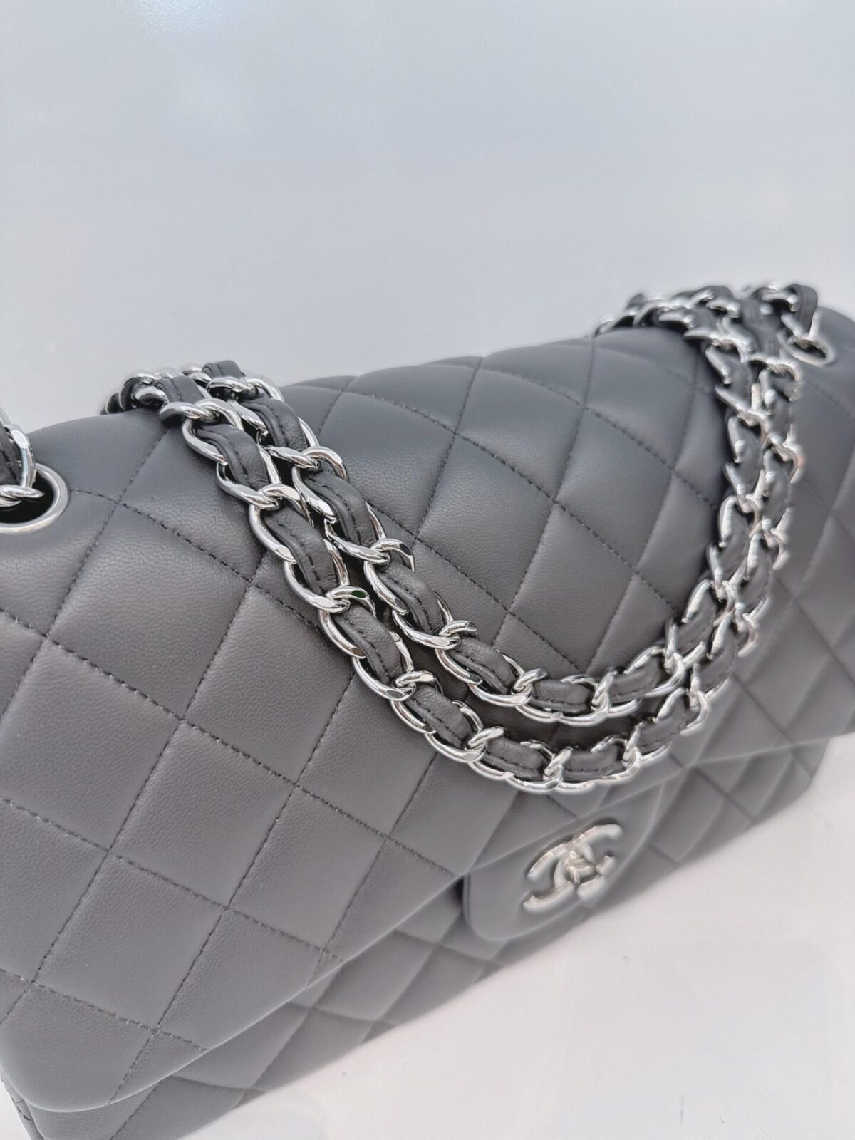 GRAY QUILTED LAMBSKIN LEATHER LARGE CLASSIC DOUBLE FLAP HANDBAG