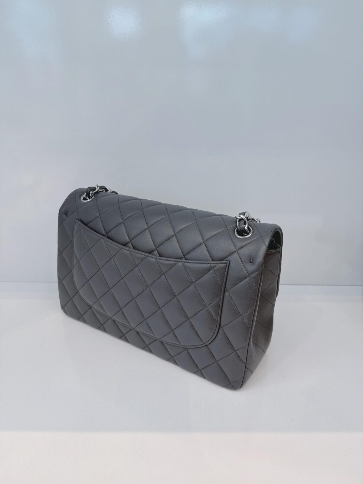 GRAY QUILTED LAMBSKIN LEATHER LARGE CLASSIC DOUBLE FLAP HANDBAG