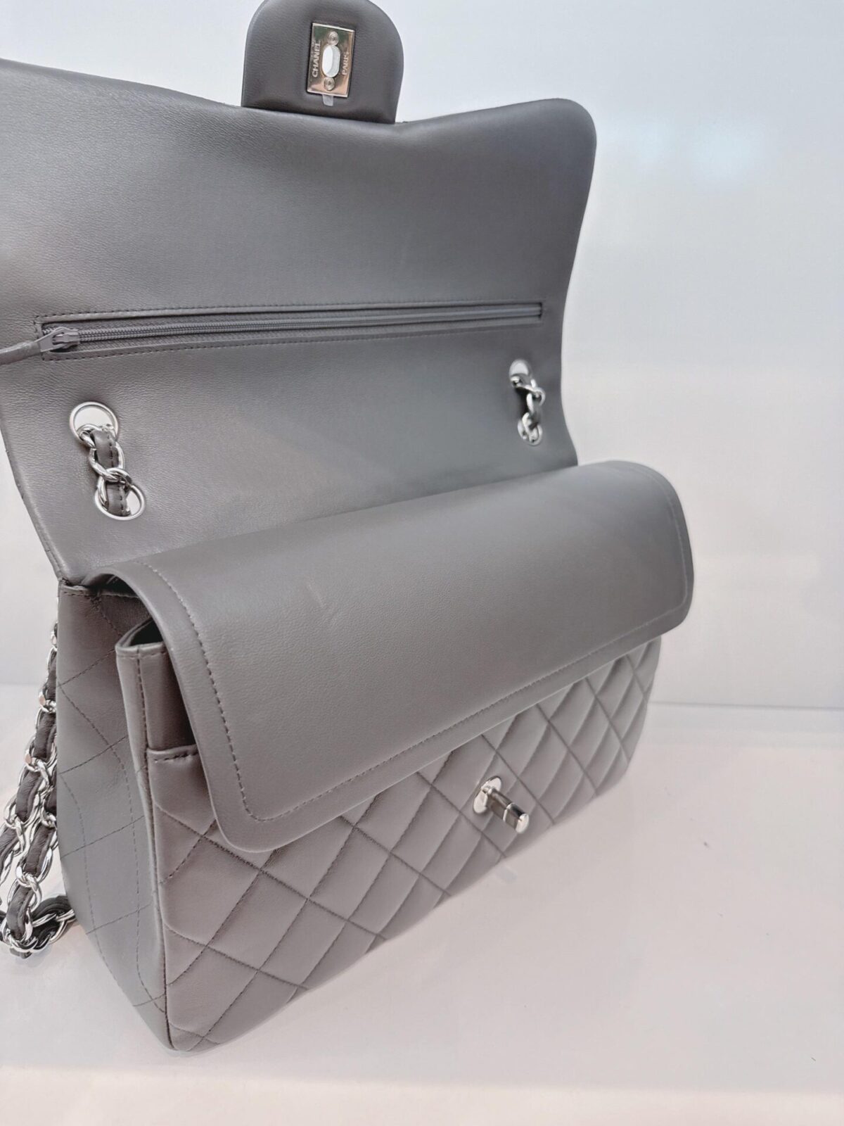 GRAY QUILTED LAMBSKIN LEATHER LARGE CLASSIC DOUBLE FLAP HANDBAG