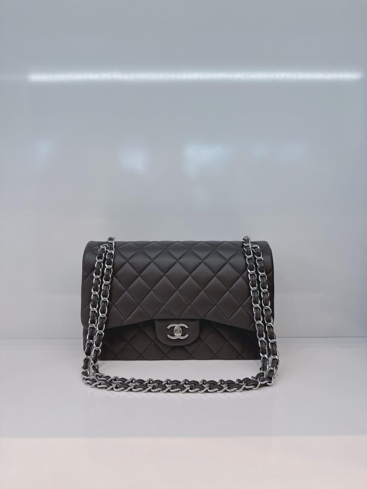 GRAY QUILTED LAMBSKIN LEATHER LARGE CLASSIC DOUBLE FLAP HANDBAG