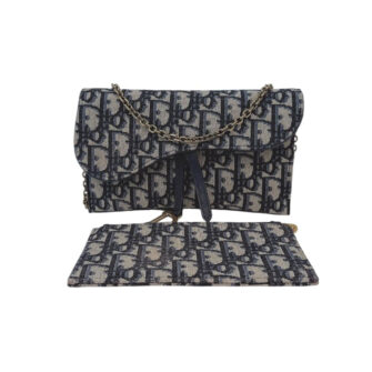 NAVY BLUE OBLIQUE CANVAS AND LEATHER SMALL SADDLE POUCH WITH CHAIN
