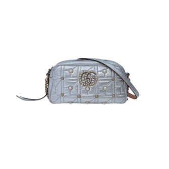 METALLIC SILVER PEARL STUDDED MATELASSE LEATHER GG MARMONT SHOULDER BAG