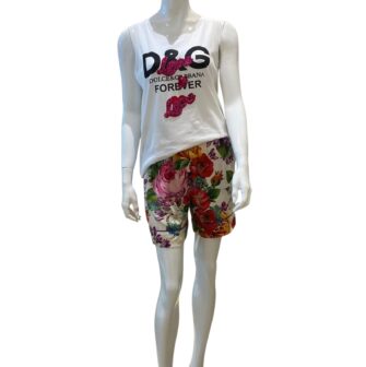 WHITE FOREVER LOVE TANK TOP 40 AND MULTICOLOR FLORAL PRINT SILK JAMS SHORTS 38